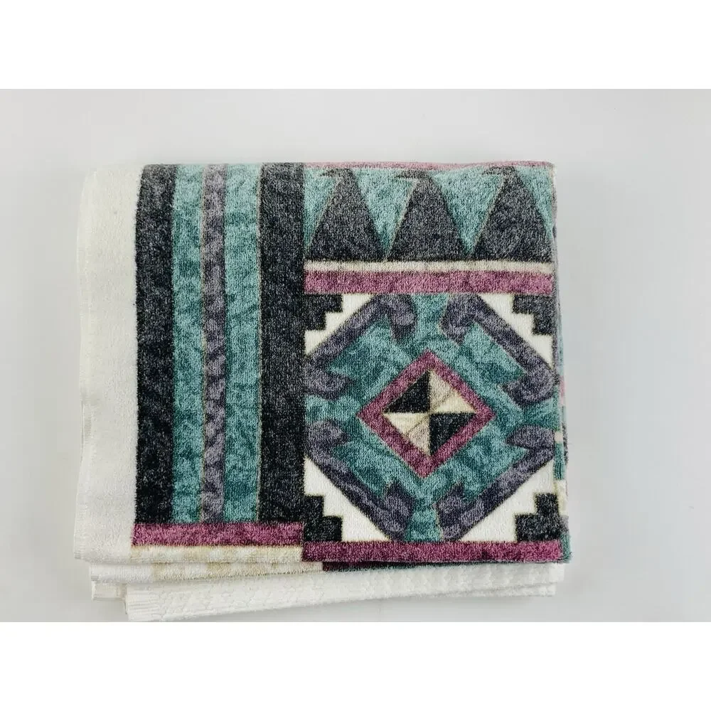 Vintage 1990s Springs Bath Towel USA Teal Geometric Vaporwave Memphis Design Dec